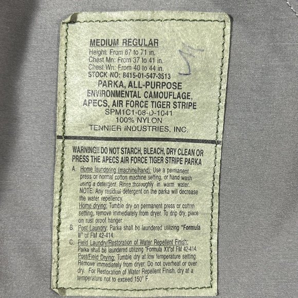 All-Purpose Parka MEDIUM Environmental Camouflage, APECS, USAF Tiger Stripe - Picture 11 of 11